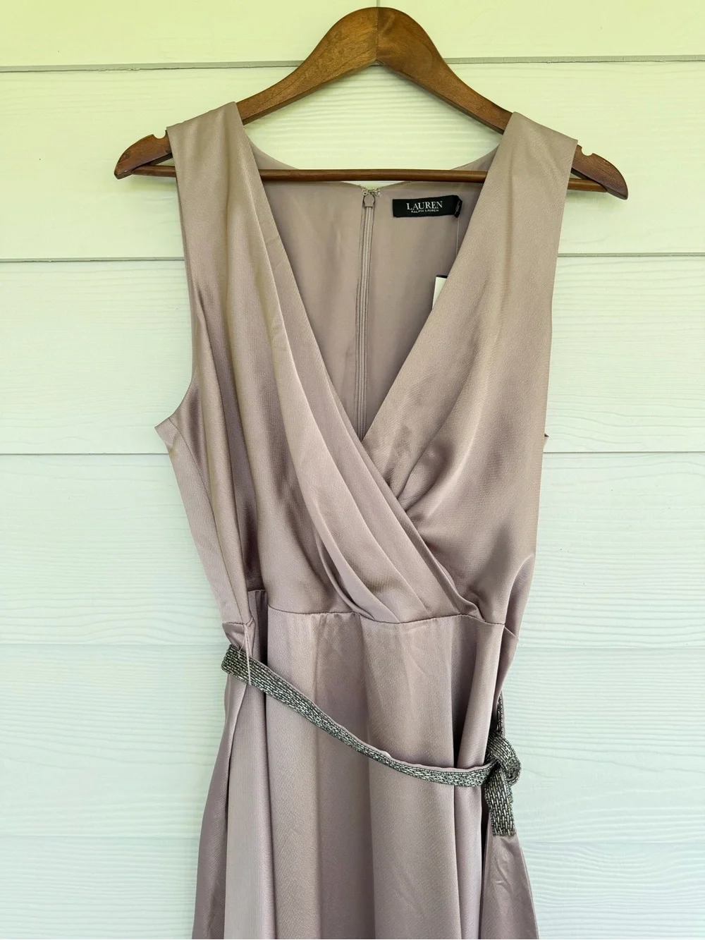 NWT Lauren Ralph Lauren Dress Size 16 Mauve Satin Faux Wrap Midi Beaded Belt - Picture 3 of 11